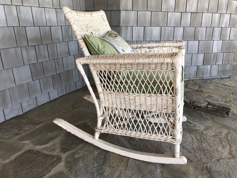 Antique Shabby Chic Real Wicker White Rocking Upholstered Armchair With Throw Pillow Originally From Hotel Del Coronado [Photo 19]