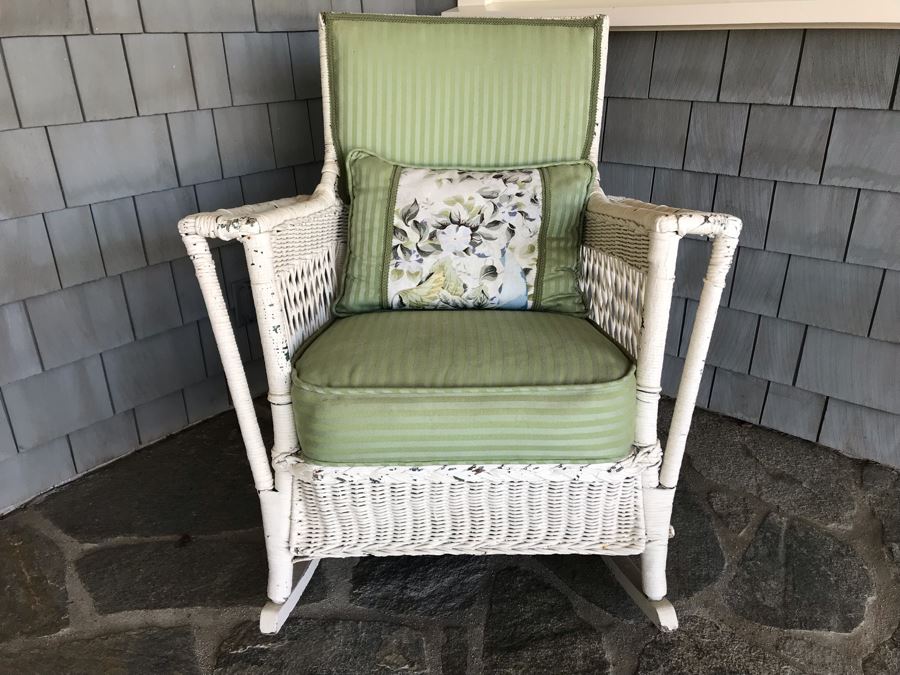 Antique Shabby Chic Real Wicker White Rocking Upholstered Armchair With Throw Pillow Originally From Hotel Del Coronado [Photo 1]