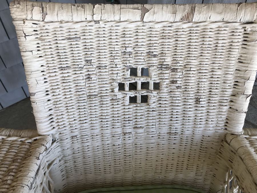 Antique Shabby Chic Real Wicker White Rocking Upholstered Armchair With Throw Pillow Originally From Hotel Del Coronado [Photo 16]