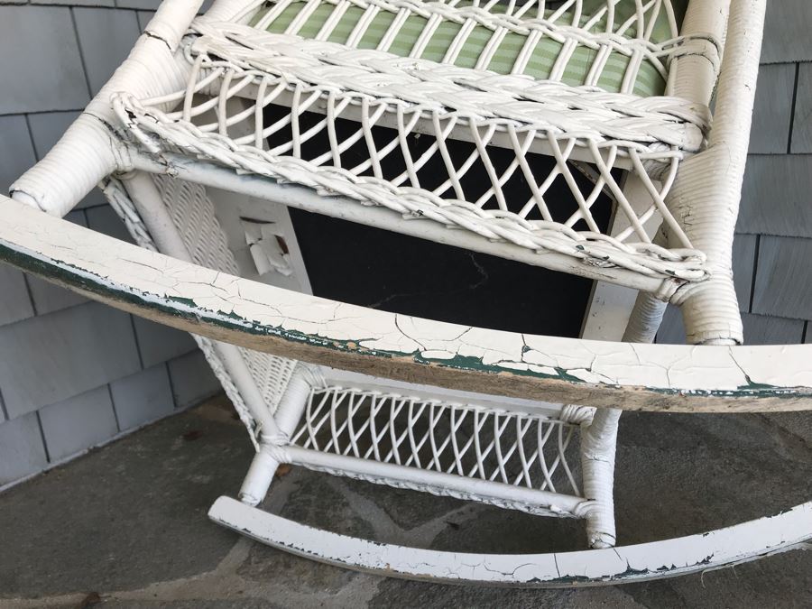 Antique Shabby Chic Real Wicker White Rocking Upholstered Armchair With Throw Pillow Originally From Hotel Del Coronado [Photo 9]
