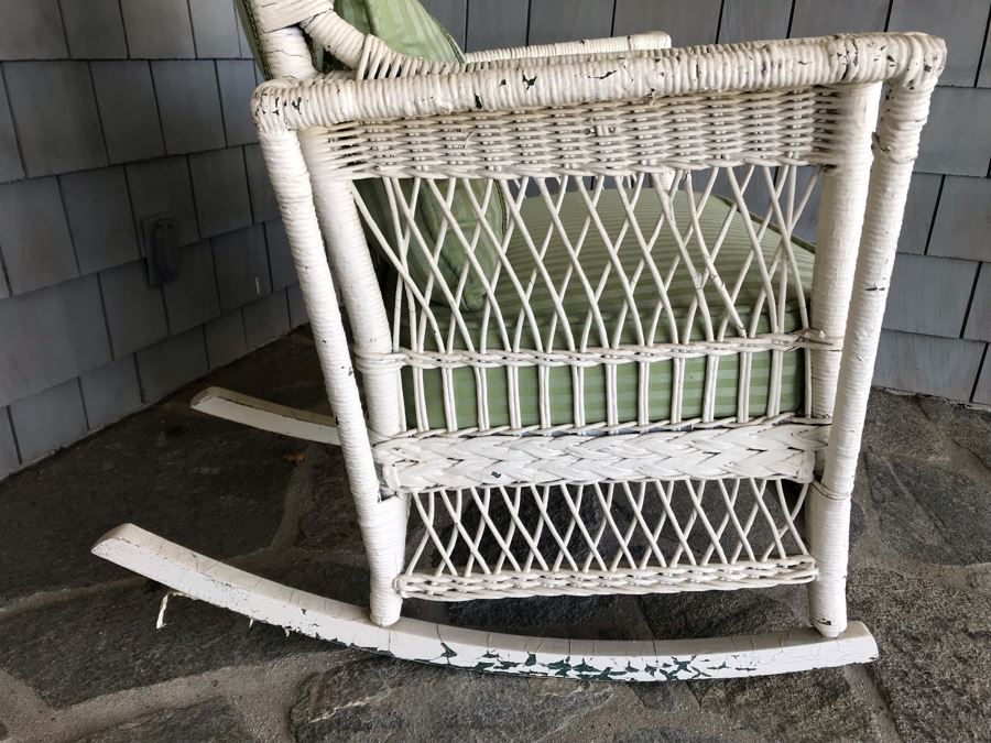 Antique Shabby Chic Real Wicker White Rocking Upholstered Armchair With Throw Pillow Originally From Hotel Del Coronado [Photo 5]