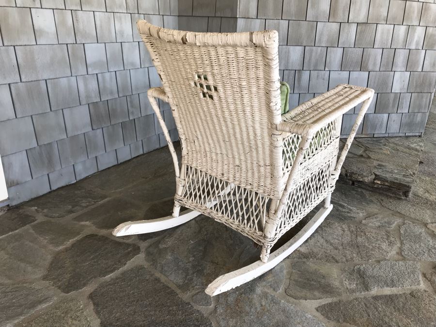 Antique Shabby Chic Real Wicker White Rocking Upholstered Armchair With Throw Pillow Originally From Hotel Del Coronado [Photo 20]