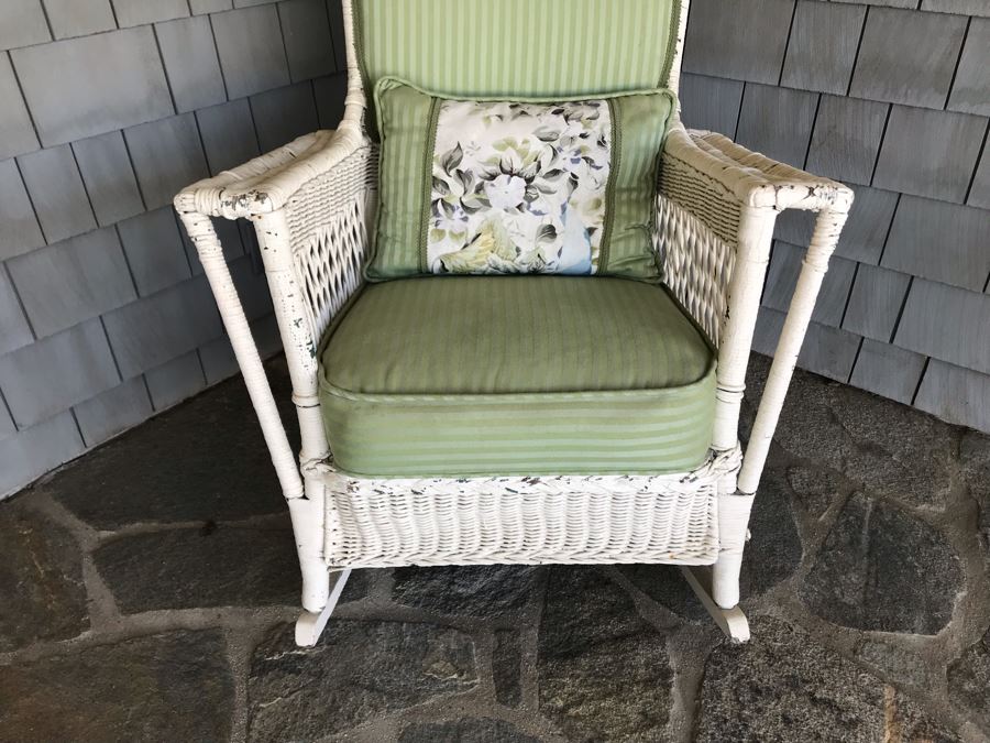 Antique Shabby Chic Real Wicker White Rocking Upholstered Armchair With Throw Pillow Originally From Hotel Del Coronado [Photo 4]