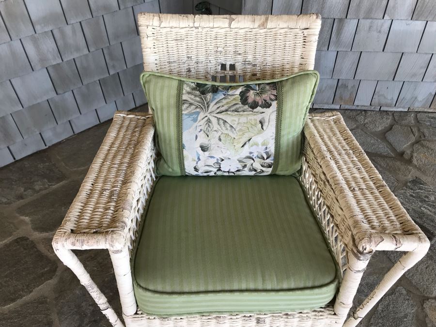 Antique Shabby Chic Real Wicker White Rocking Upholstered Armchair With Throw Pillow Originally From Hotel Del Coronado [Photo 15]