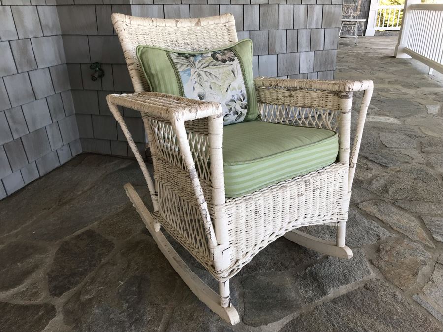 Antique Shabby Chic Real Wicker White Rocking Upholstered Armchair With Throw Pillow Originally From Hotel Del Coronado [Photo 12]
