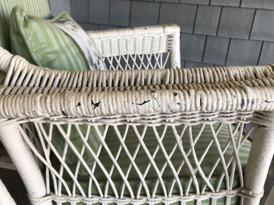 Antique Shabby Chic Real Wicker White Rocking Upholstered Armchair With Throw Pillow Originally From Hotel Del Coronado [Photo 6]