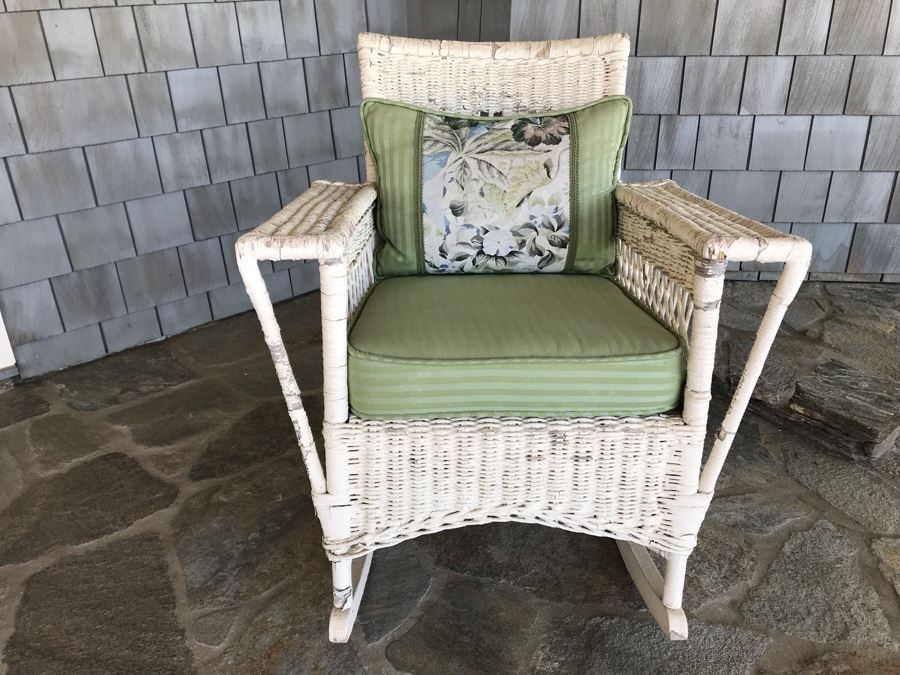 Antique Shabby Chic Real Wicker White Rocking Upholstered Armchair With Throw Pillow Originally From Hotel Del Coronado [Photo 14]