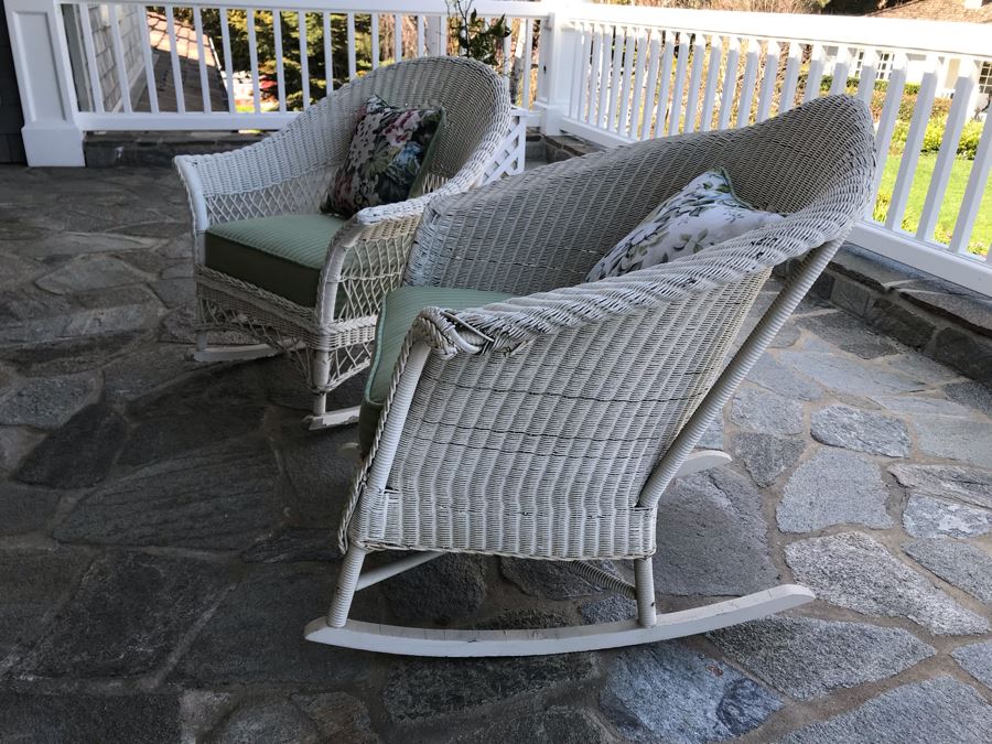 Pair Of Vintage White Shabby Chic Real Wicker Rocking Chairs [Photo 1]