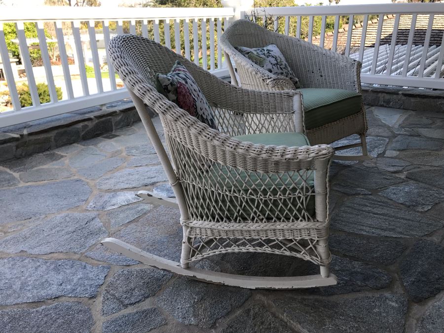 Pair Of Vintage White Shabby Chic Real Wicker Rocking Chairs [Photo 10]