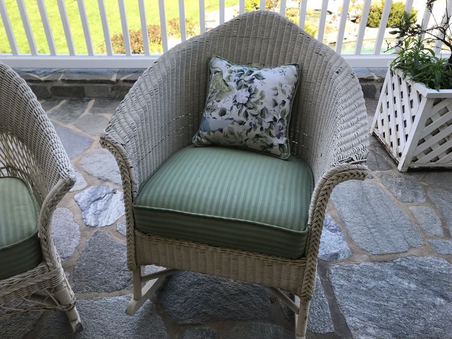 Pair Of Vintage White Shabby Chic Real Wicker Rocking Chairs [Photo 5]