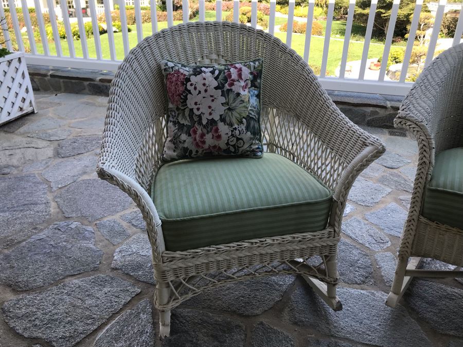 Pair Of Vintage White Shabby Chic Real Wicker Rocking Chairs [Photo 7]