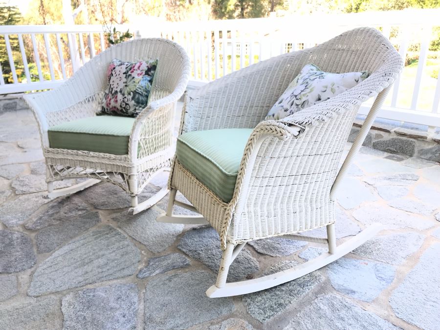 Pair Of Vintage White Shabby Chic Real Wicker Rocking Chairs [Photo 2]