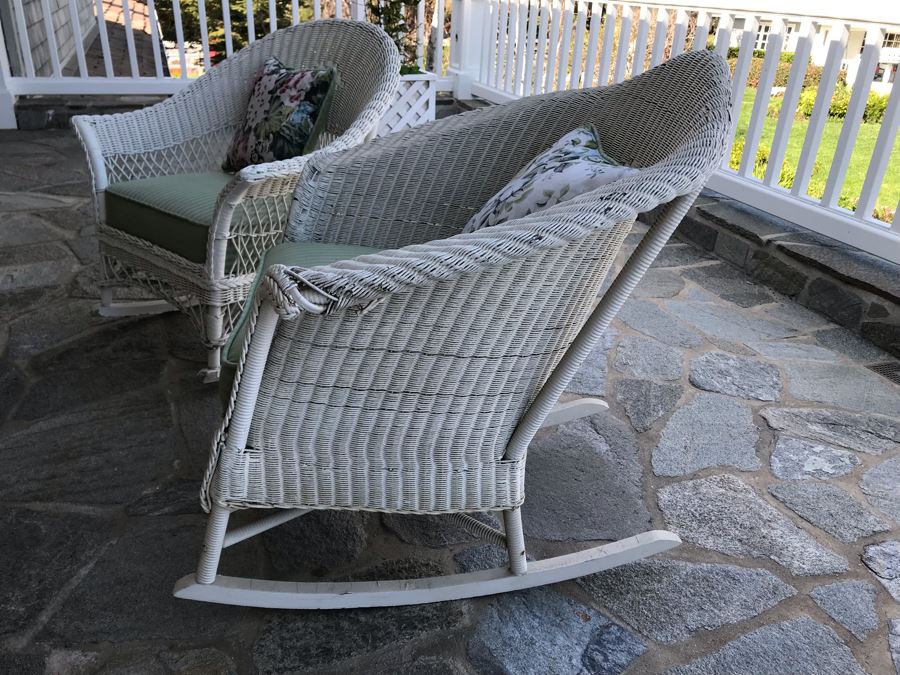 Pair Of Vintage White Shabby Chic Real Wicker Rocking Chairs [Photo 3]