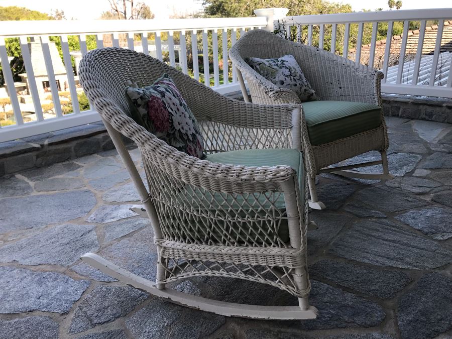 Pair Of Vintage White Shabby Chic Real Wicker Rocking Chairs [Photo 11]