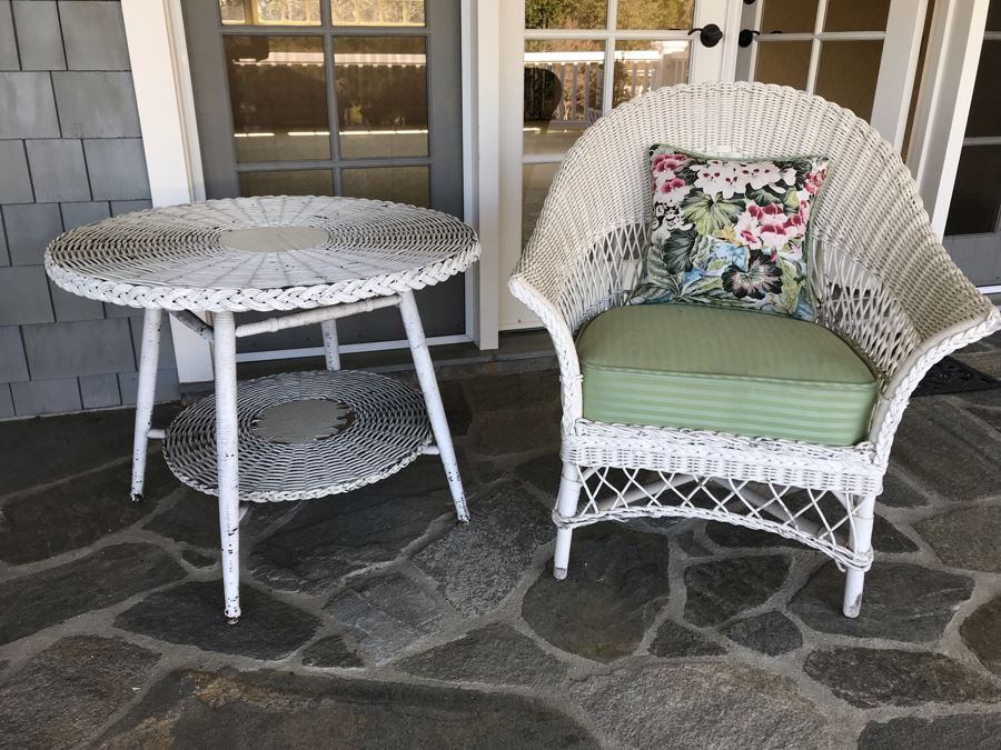 Vintage White Shabby Chic Real Wicker Armchair With Vintage Real Wicker 30' Round 2-Tier Side Table 24'H [Photo 1]