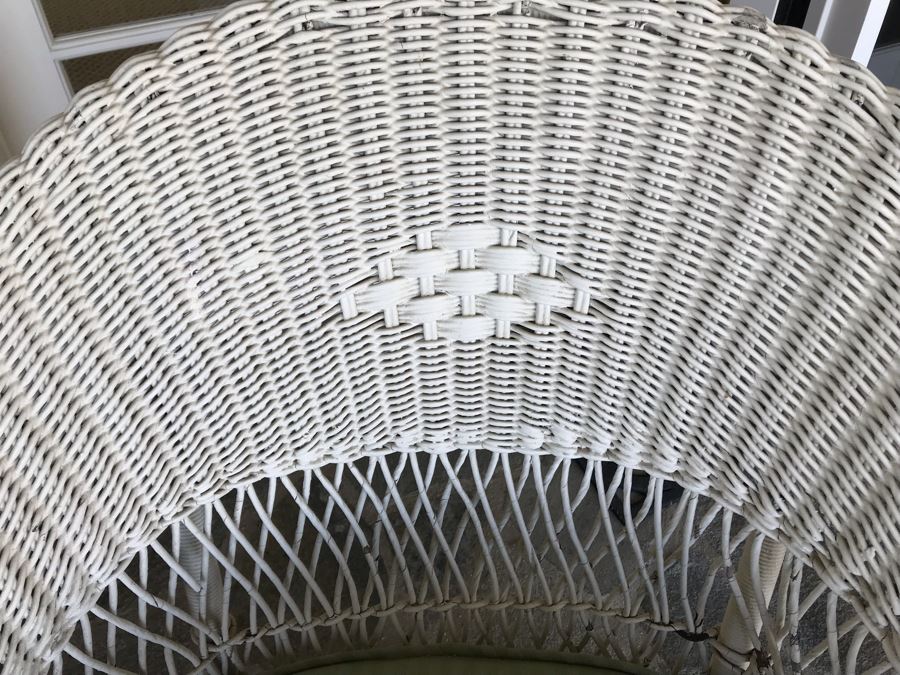 Vintage White Shabby Chic Real Wicker Armchair With Vintage Real Wicker 30' Round 2-Tier Side Table 24'H [Photo 6]