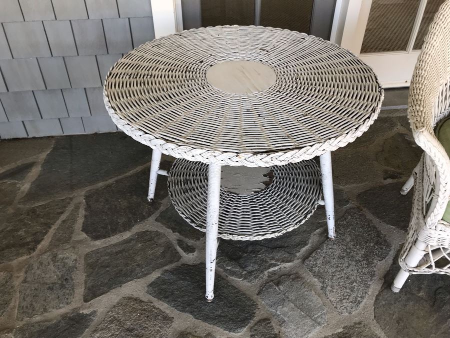 Vintage White Shabby Chic Real Wicker Armchair With Vintage Real Wicker 30' Round 2-Tier Side Table 24'H [Photo 4]