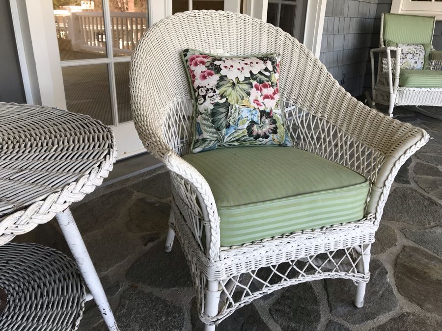 Vintage White Shabby Chic Real Wicker Armchair With Vintage Real Wicker 30' Round 2-Tier Side Table 24'H [Photo 5]