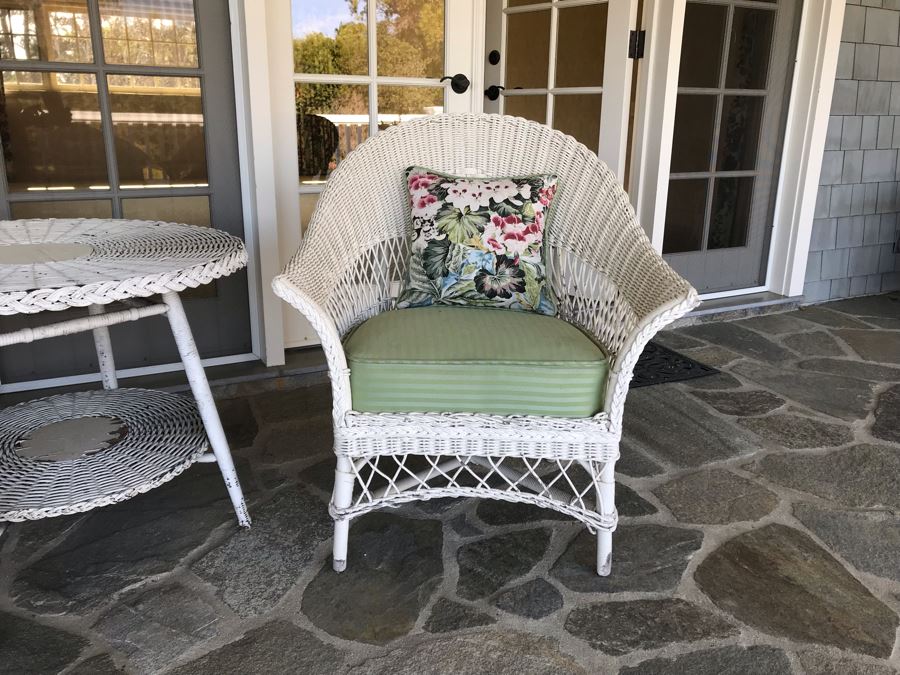 Vintage White Shabby Chic Real Wicker Armchair With Vintage Real Wicker 30' Round 2-Tier Side Table 24'H [Photo 2]
