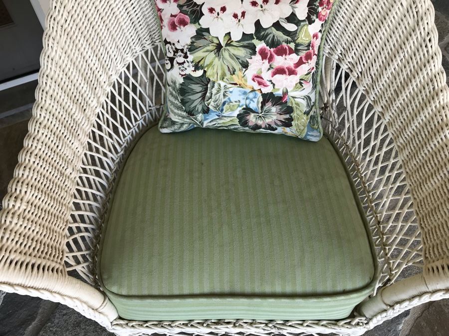 Vintage White Shabby Chic Real Wicker Armchair With Vintage Real Wicker 30' Round 2-Tier Side Table 24'H [Photo 7]