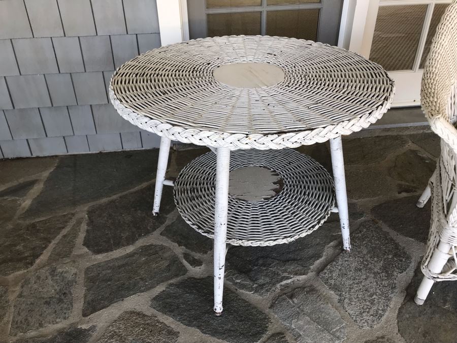 Vintage White Shabby Chic Real Wicker Armchair With Vintage Real Wicker 30' Round 2-Tier Side Table 24'H [Photo 3]
