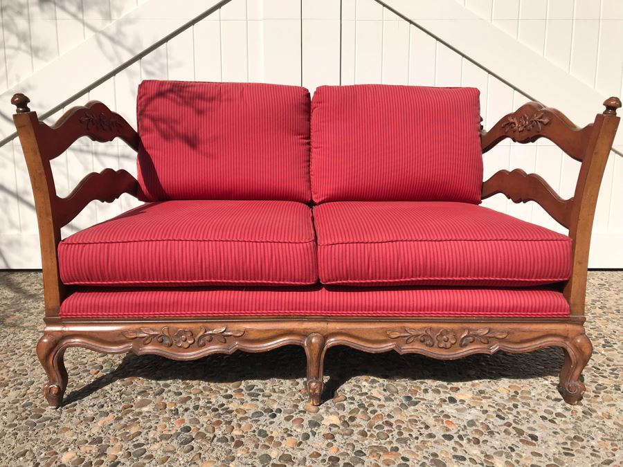 Stunning Wooden Loveseat With Red Upholstered Cushions [Photo 4]