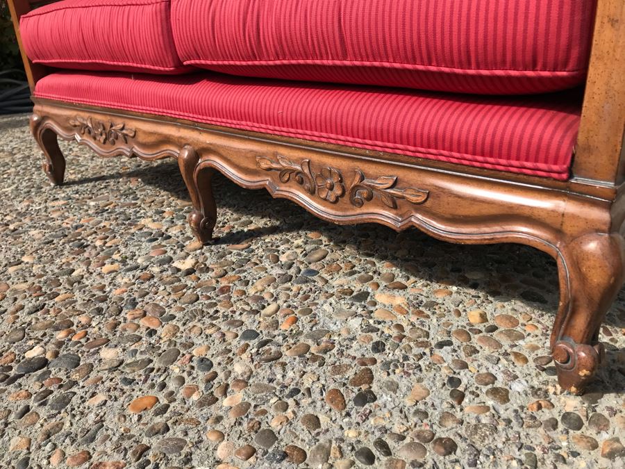 Stunning Wooden Loveseat With Red Upholstered Cushions [Photo 9]