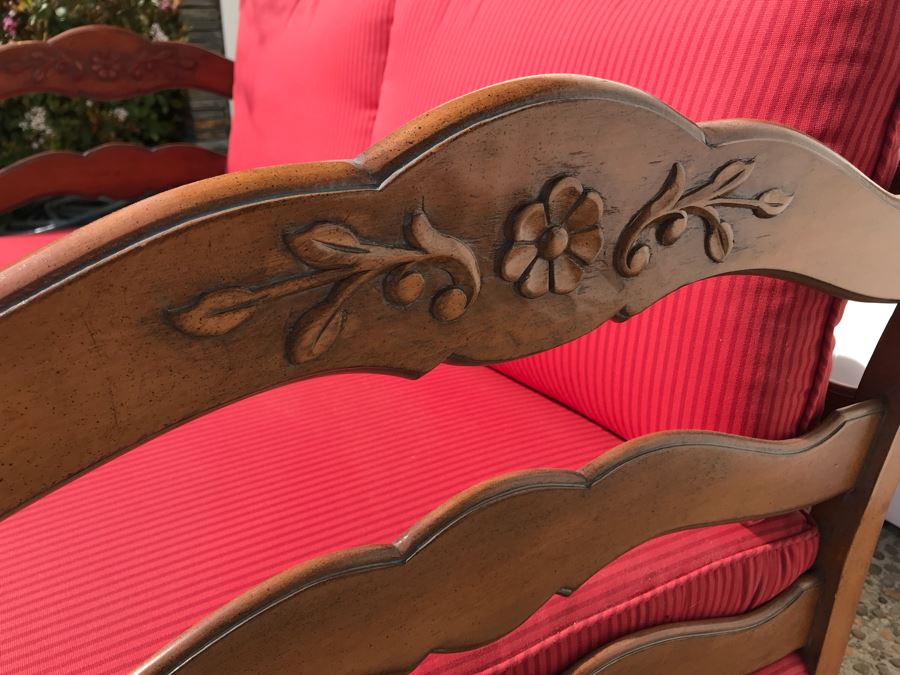 Stunning Wooden Loveseat With Red Upholstered Cushions [Photo 6]