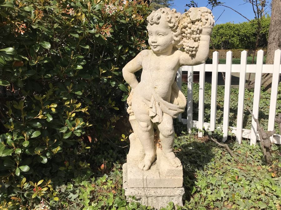 Vintage Garden Statuary Sculpture Of Smiling Boy Holding Bunches Of Grapes 31'H [Photo 4]