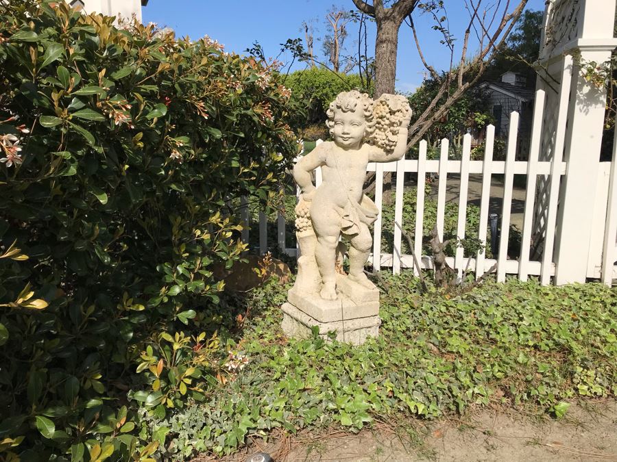 Vintage Garden Statuary Sculpture Of Smiling Boy Holding Bunches Of Grapes 31'H [Photo 2]