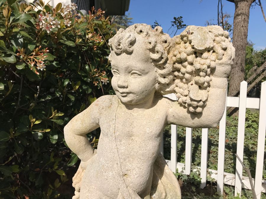 Vintage Garden Statuary Sculpture Of Smiling Boy Holding Bunches Of Grapes 31'H [Photo 5]