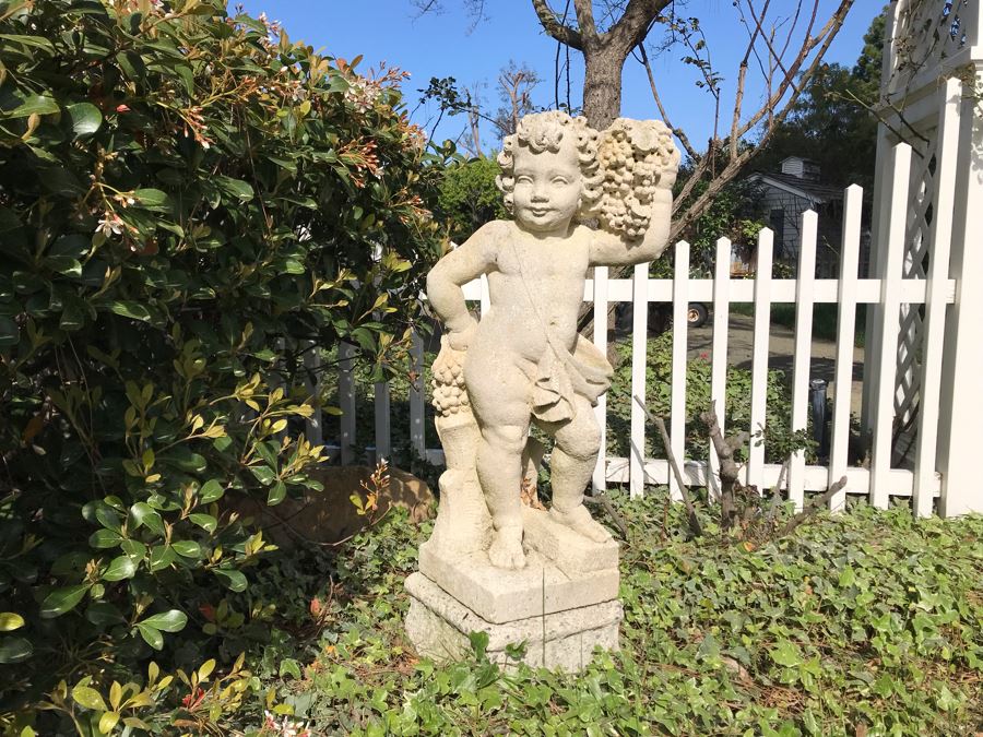 Vintage Garden Statuary Sculpture Of Smiling Boy Holding Bunches Of Grapes 31'H