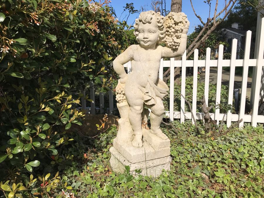 Vintage Garden Statuary Sculpture Of Smiling Boy Holding Bunches Of Grapes 31'H [Photo 3]