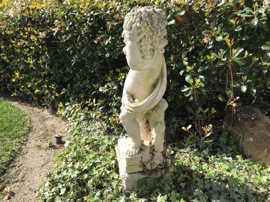 Vintage Garden Statuary Sculpture Of Smiling Boy Holding Bunches Of Grapes 31'H [Photo 7]