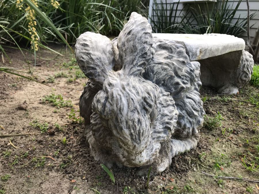 Concrete Bunny Rabbit Garden Bench Signed On Back 59'L