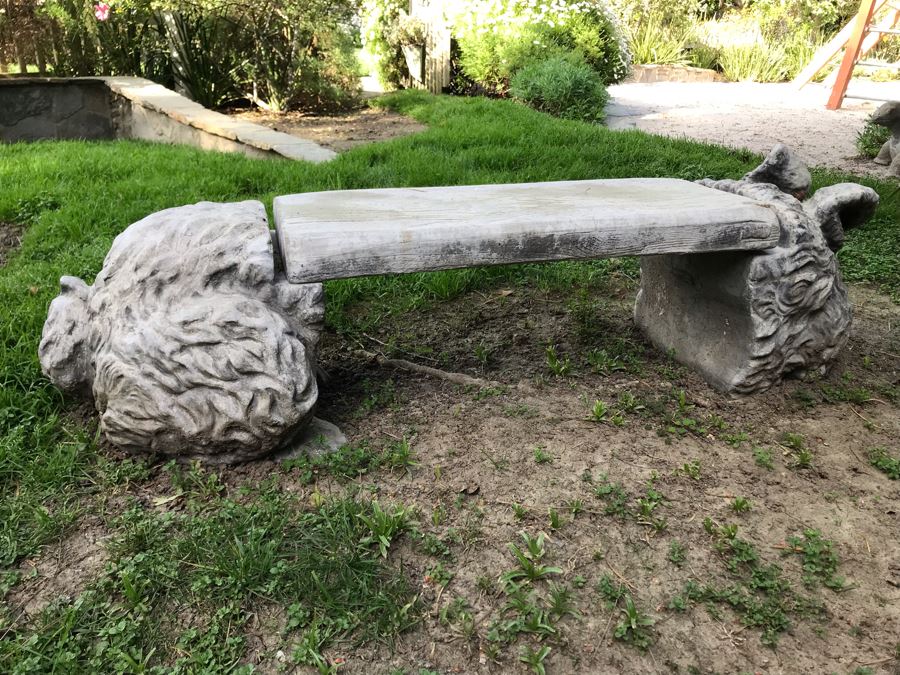 Concrete Bunny Rabbit Garden Bench Signed On Back 59'L