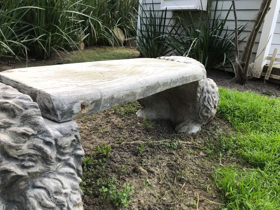 Concrete Bunny Rabbit Garden Bench Signed On Back 59'L