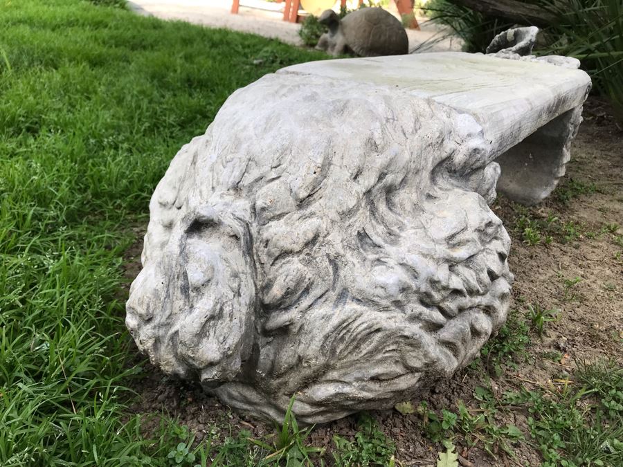 Concrete Bunny Rabbit Garden Bench Signed On Back 59'L