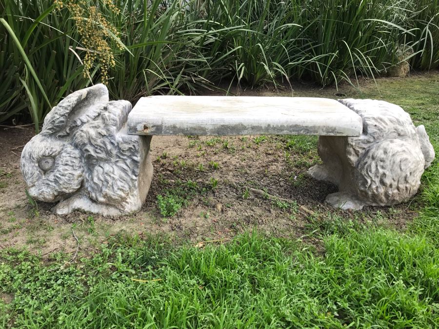 Concrete Bunny Rabbit Garden Bench Signed On Back 59'L [Photo 16]