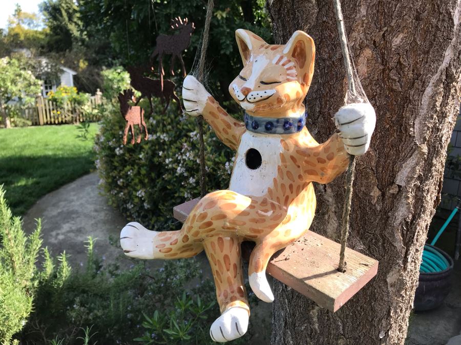 Painted Cermaic Smiling Cat On A Swing Birdhouse