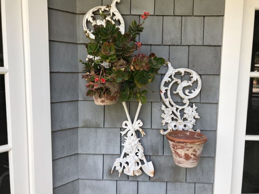Set Of Painted White Metal Wall Decorations Plant Pot Holders - One With Potted Plant