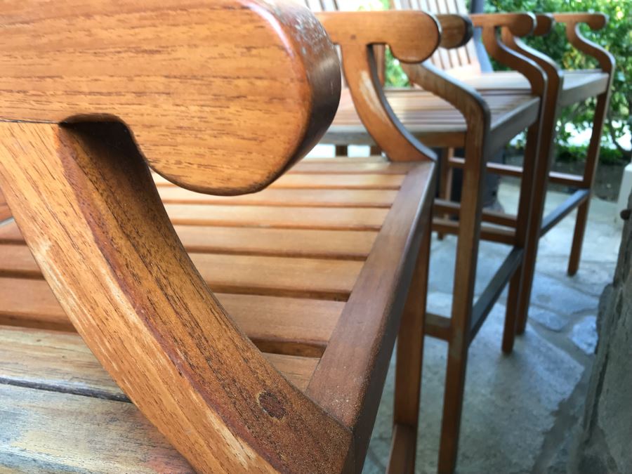 Set Of (3) Bar Height Teak Wooden Armchairs - Arm Rests 37'H 23'W 48.5'TH [Photo 5]