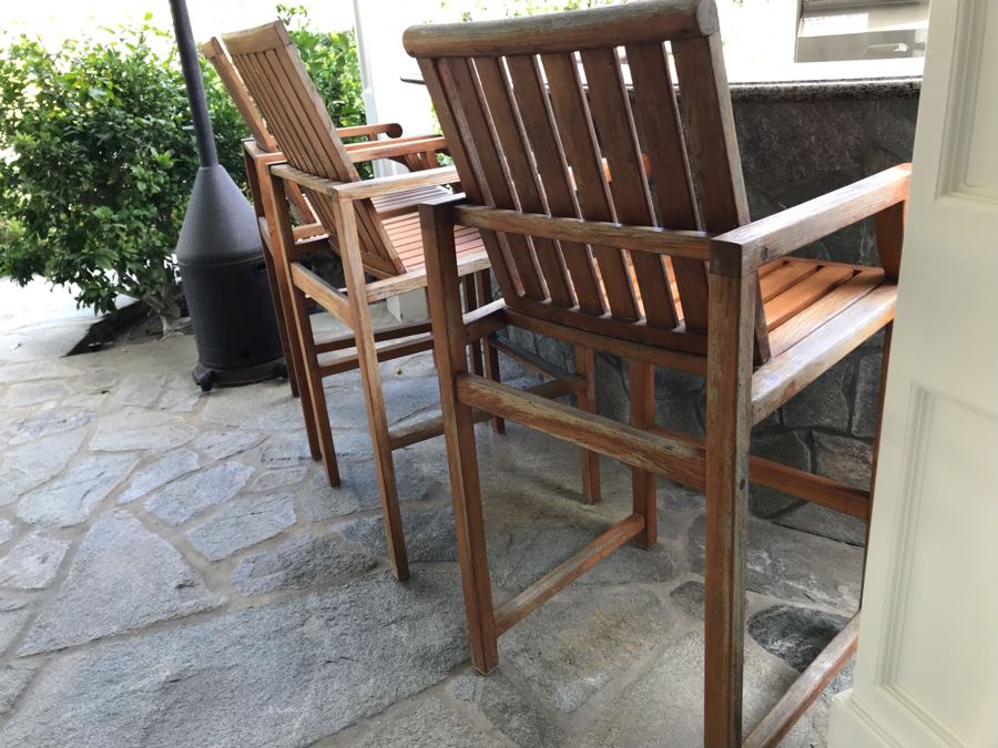 Set Of (3) Bar Height Teak Wooden Armchairs - Arm Rests 37'H 23'W 48.5'TH [Photo 7]