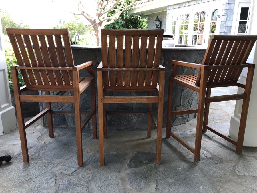 Set Of (3) Bar Height Teak Wooden Armchairs - Arm Rests 37'H 23'W 48.5'TH [Photo 6]