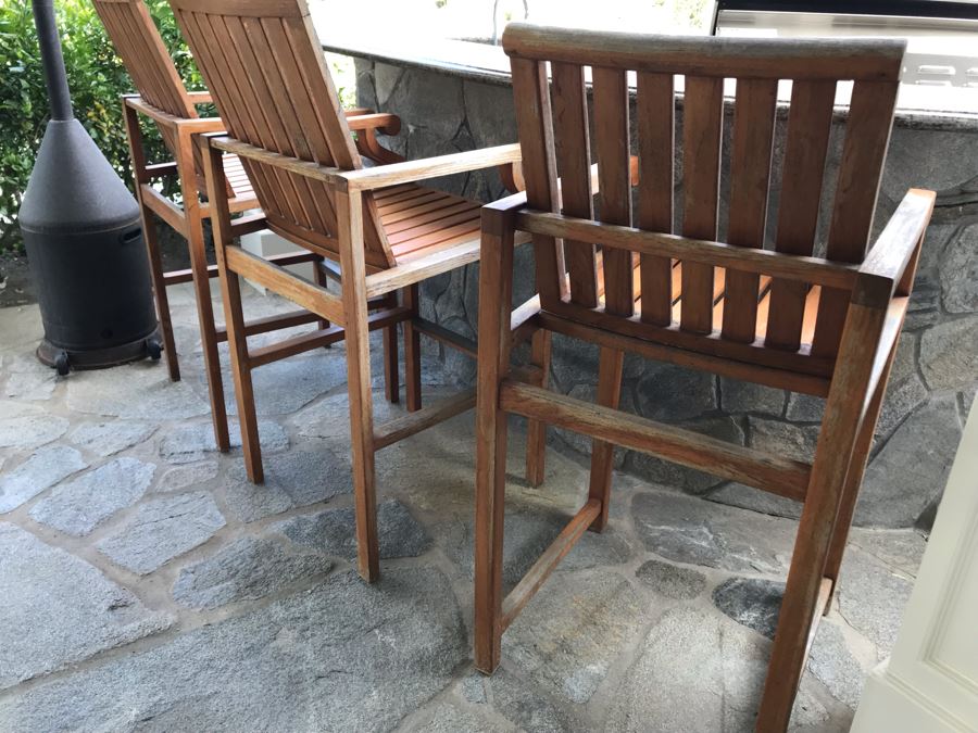Set Of (3) Bar Height Teak Wooden Armchairs - Arm Rests 37'H 23'W 48.5'TH [Photo 3]