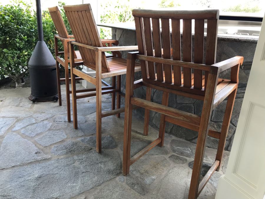 Set Of (3) Bar Height Teak Wooden Armchairs - Arm Rests 37'H 23'W 48.5'TH [Photo 8]