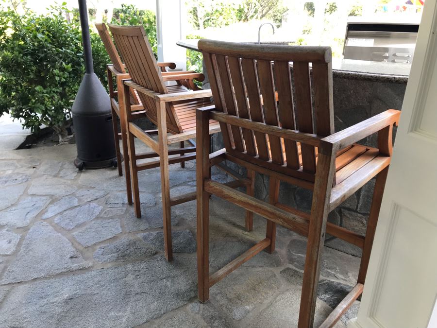 Set Of (3) Bar Height Teak Wooden Armchairs - Arm Rests 37'H 23'W 48.5'TH [Photo 2]