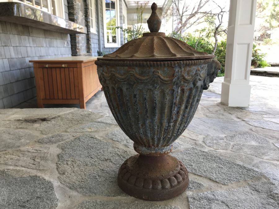 Antique Cast Metal Garden Urn With Lid 20'H