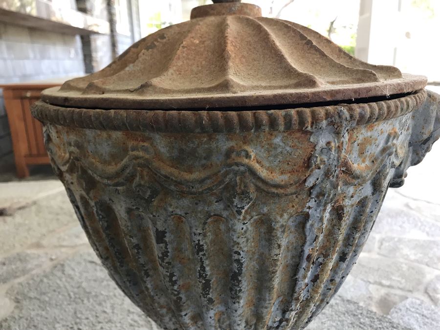 Antique Cast Metal Garden Urn With Lid 20'H [Photo 4]