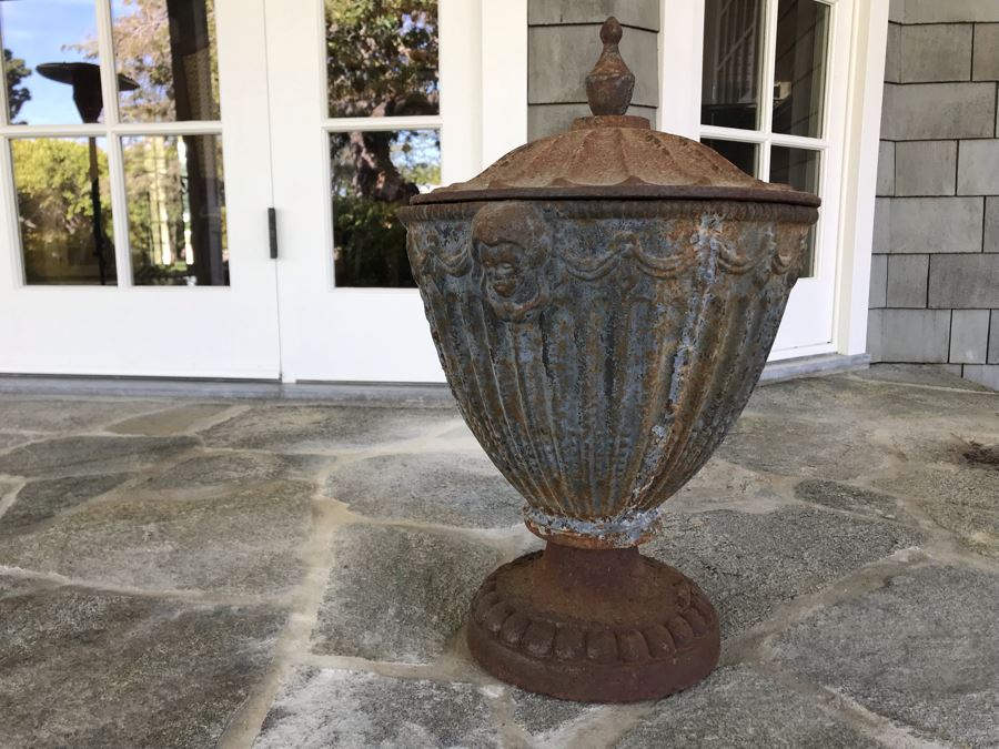 Antique Cast Metal Garden Urn With Lid 20'H